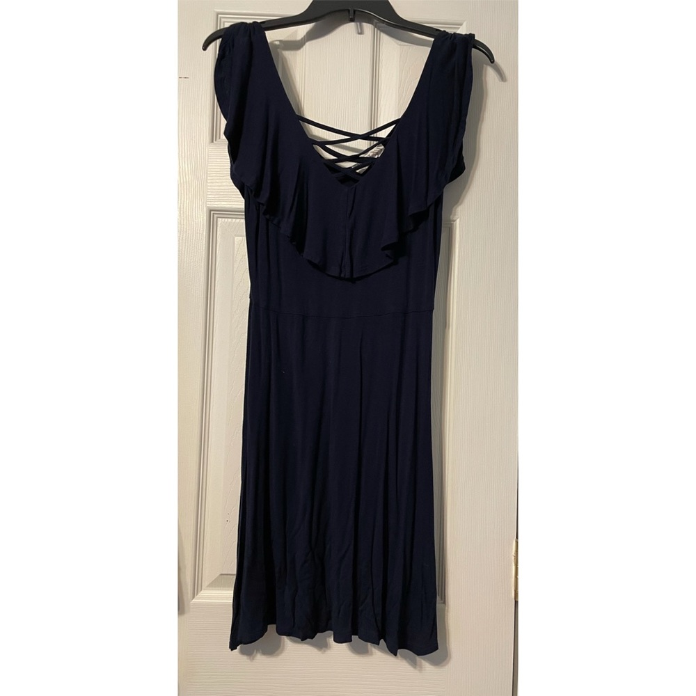 Pink Rose Navy Blue Criss cross ruffle Vneck dress
